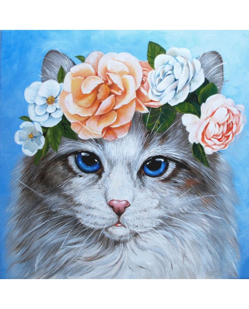 Blue-Eyed Cat in Flowers WD2464
